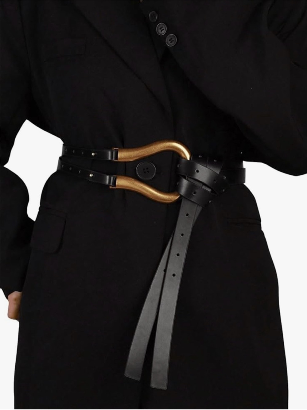 Double Strap Black Leather Waist Belt with Gold Horseshoe Accent